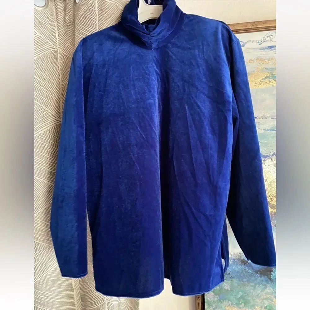 Oscar de la Renta by SWIRL Blouse Womens Sz 8 Blue Velvet Long Sleeve Vintage